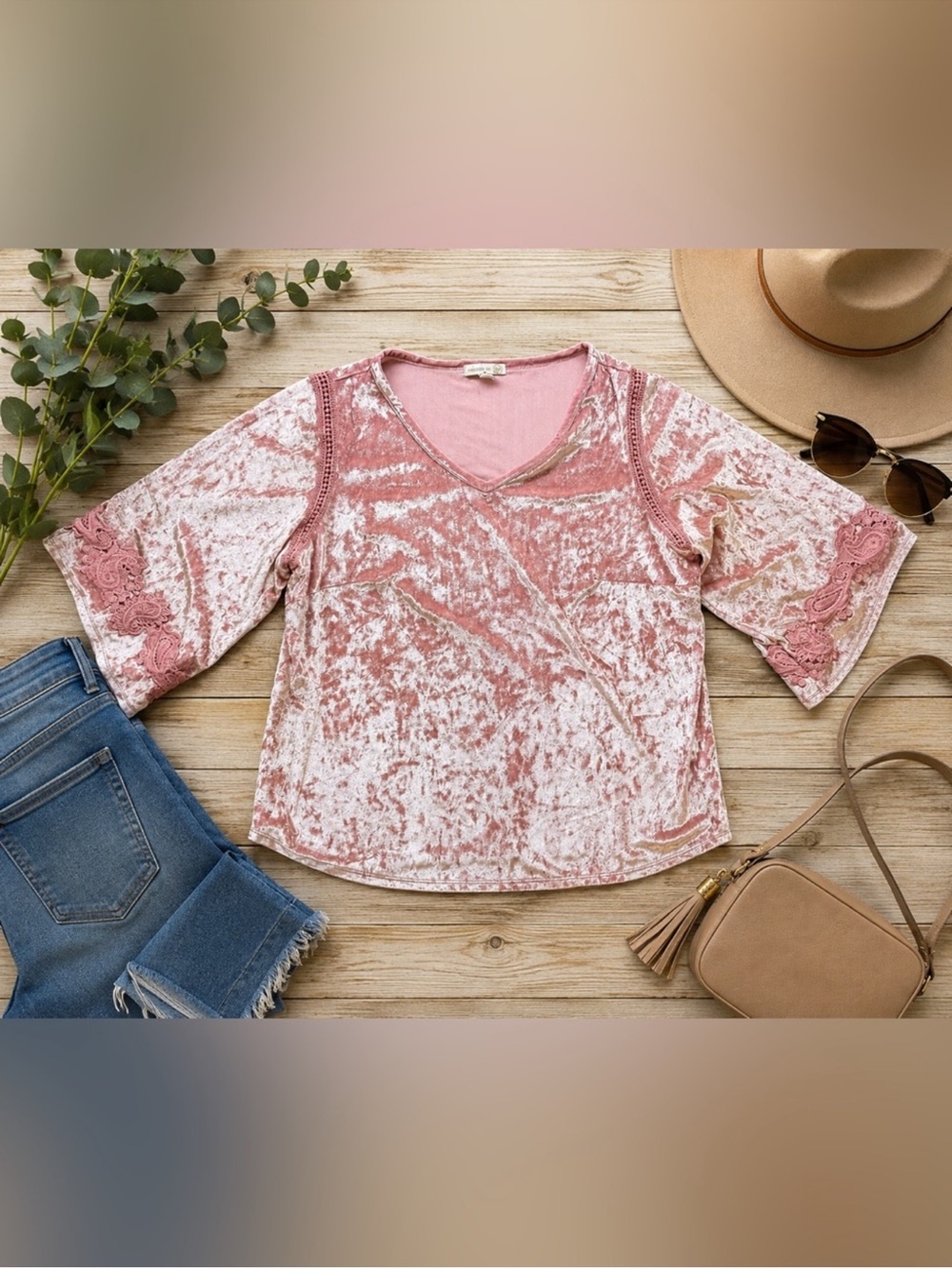 Westport 1962 Dusty Rose Pink Crushed Velvet Lace Sleeve Blouse Plus Size 1X
